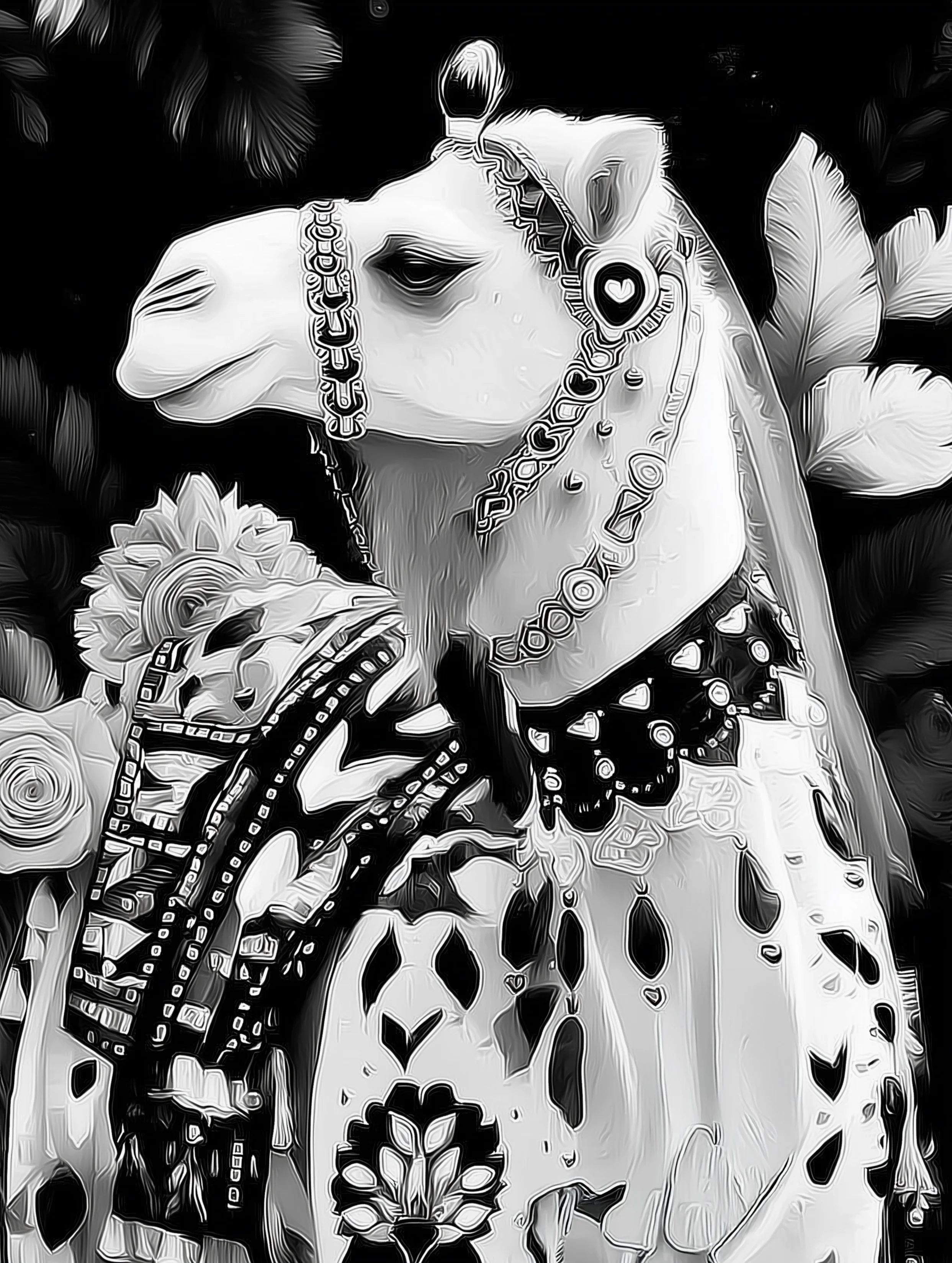 Free printable camel coloring page for adults featuring harnessed camel